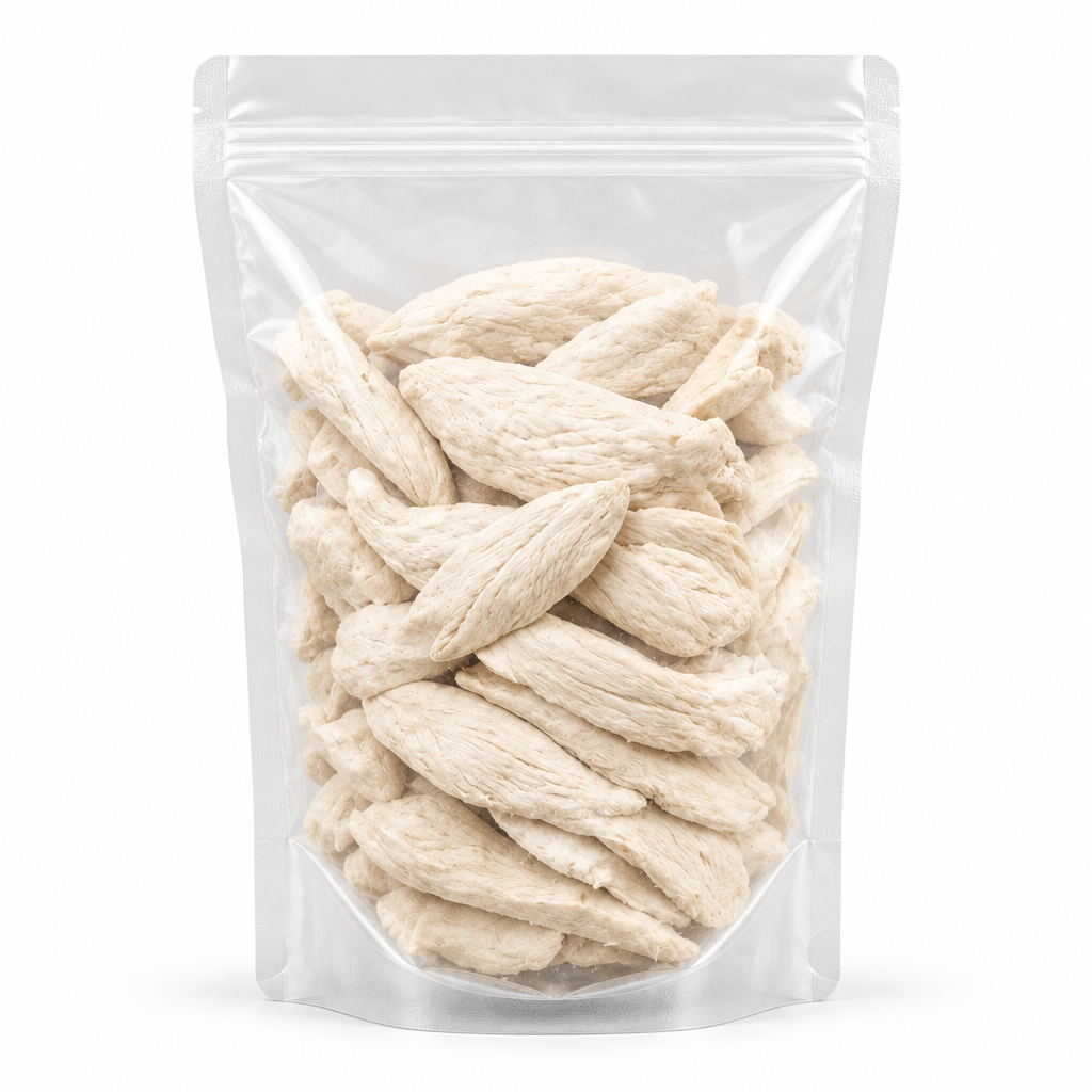 One bag of Raw Freeze Dried Chicken Breast on a white professional background