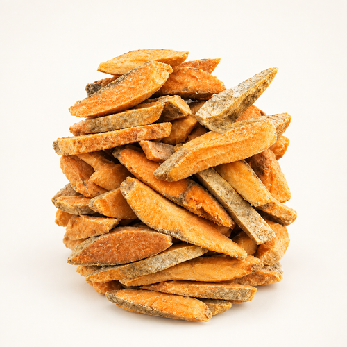 Professionally photographed freeze-dried salmon pieces with skin on, on a white background